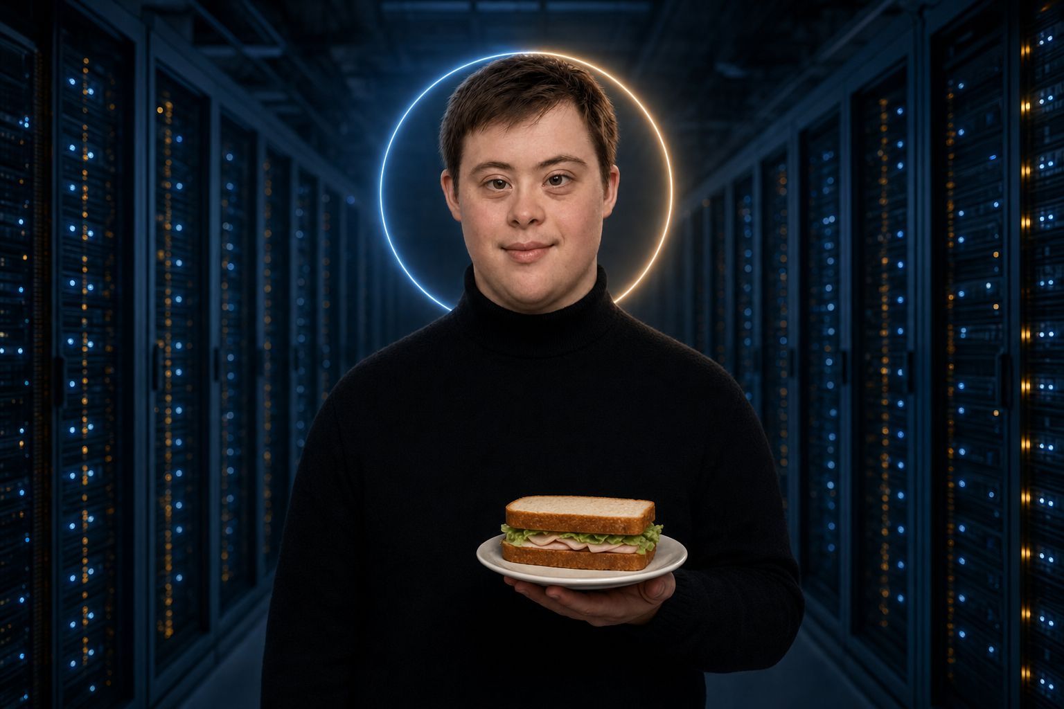 The Human Intelligence presenter in a data centre aisle, holding a sandwich on a plate